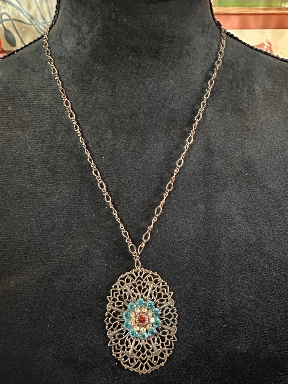 Vintage-Style Filigree Necklace with Turquoise and Gold Accents